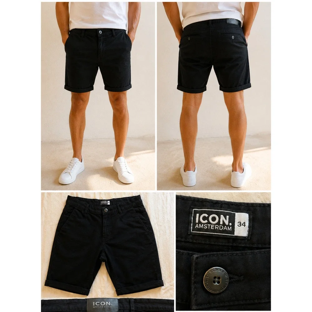 ICON Amsterdam Shorts Mens Size 34 Black Cotton Chino Shorts Cuffed Stretch EUC